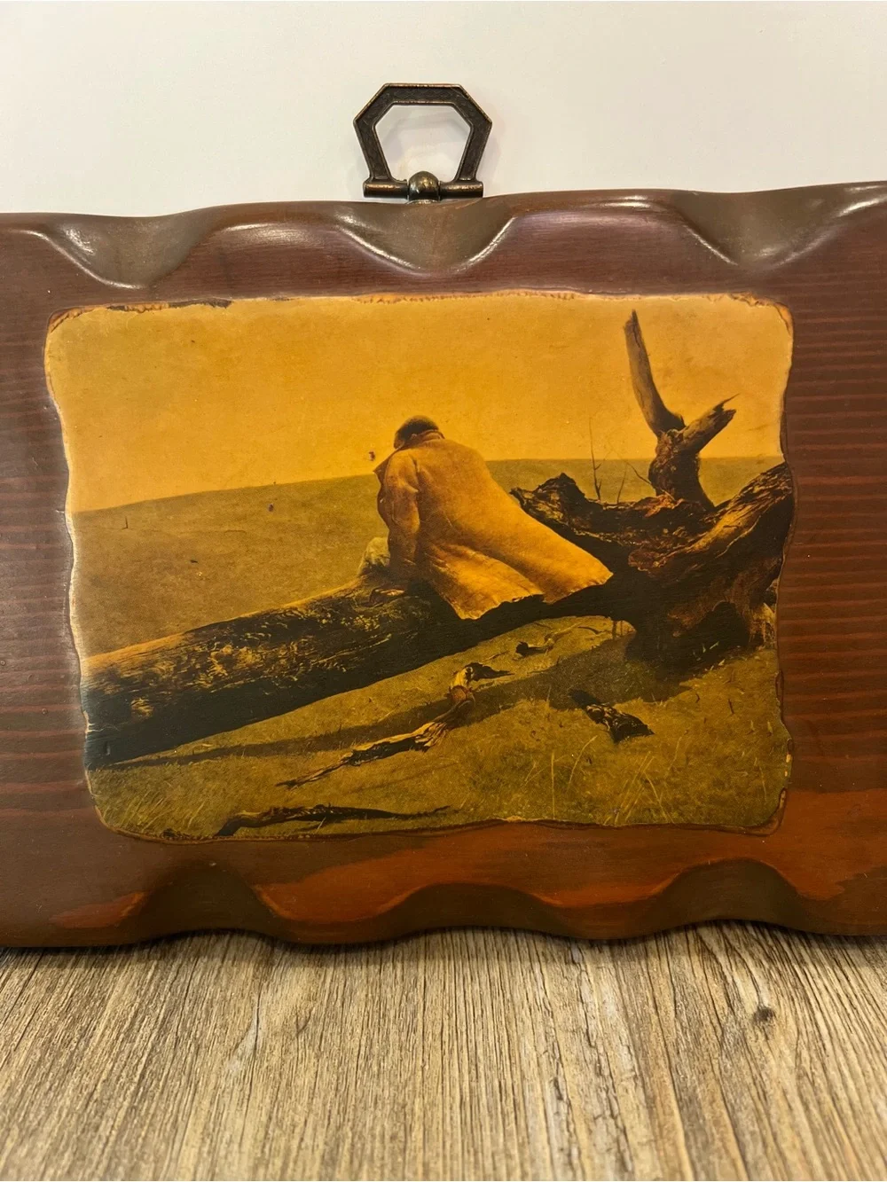 Vintage wood plaque featuring April Wind picture art- brown